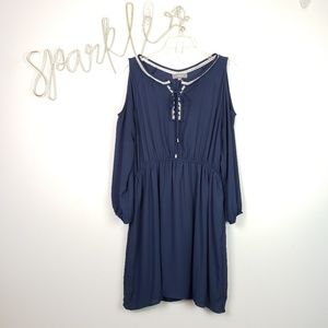 Umgee Cold Shoulder Long Sleeve Navy Blue Dress